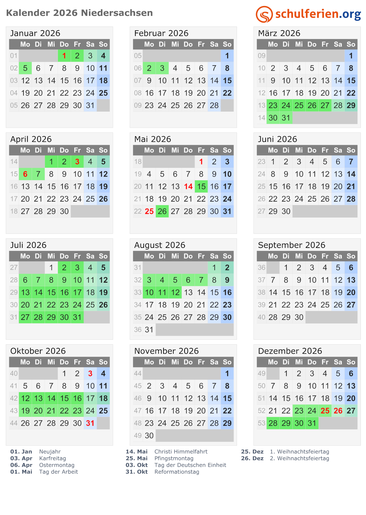 Ferien-Kalender von schulferien.org