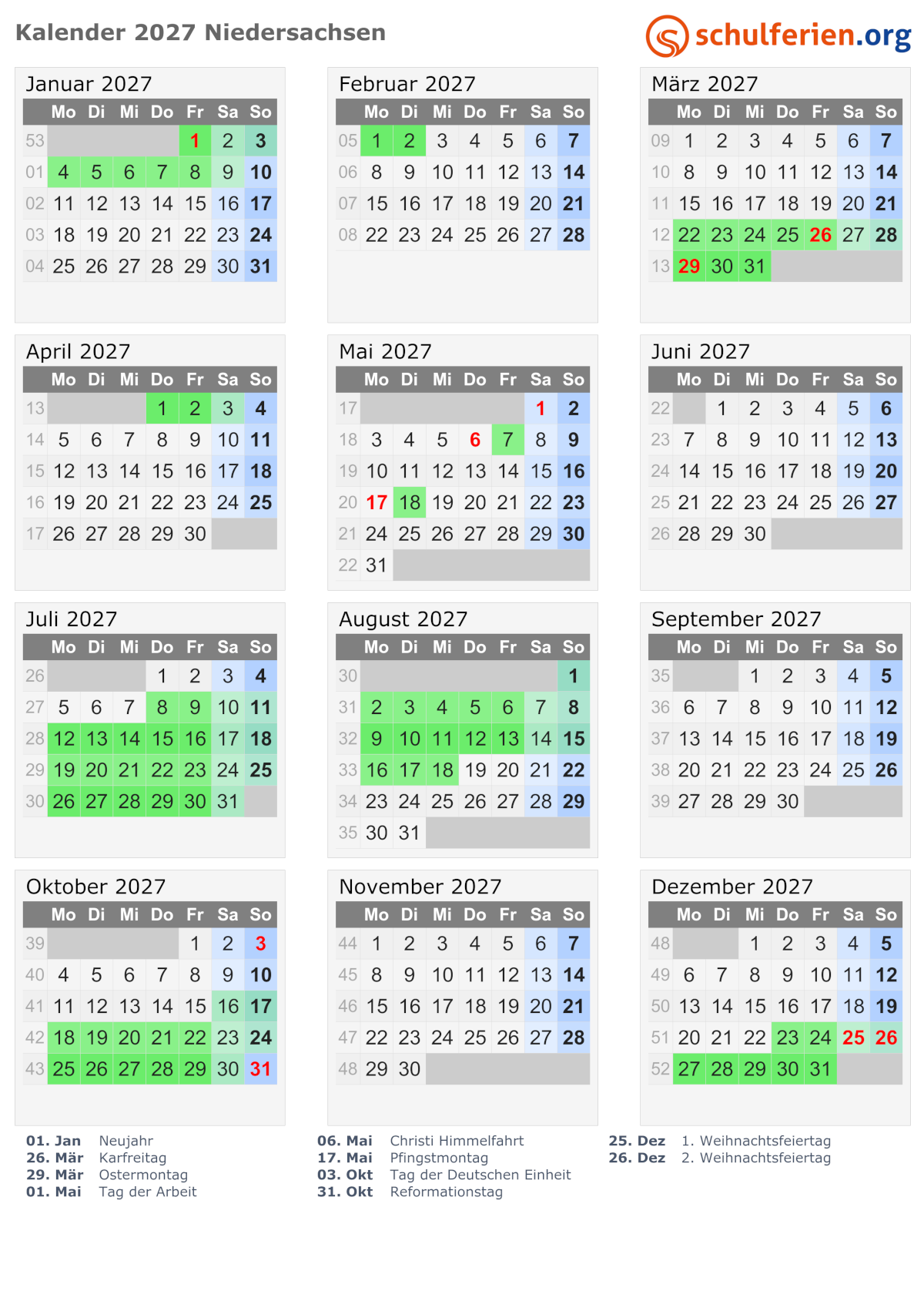 Ferien-Kalender von schulferien.org